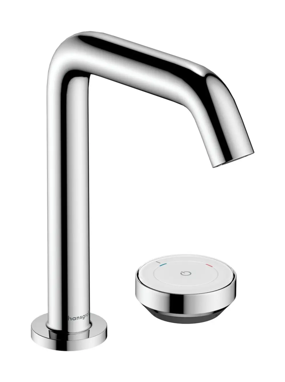 Hochglanzverchromter Waschtischmischer von Hansgrohe mit einem geschwungenen Wasserhahn und einem runden Bedienfeld zur Steuerung.